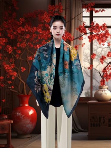 HangErFeng Women Scarf Silk Fragrant Cloud Yarn Square Peony Pattern Double Printed Green Shawl 871 onesize3