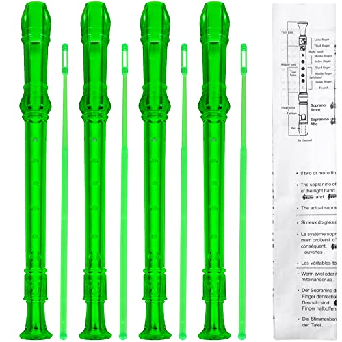 SANNIX 4 Pack 8 Hole Plastic Soprano Descant Recorder Instrument for Kids Beginner Eastar Recorder With Cleaning Rod, Instruction and Storage Bag, German Style (Clear Green)