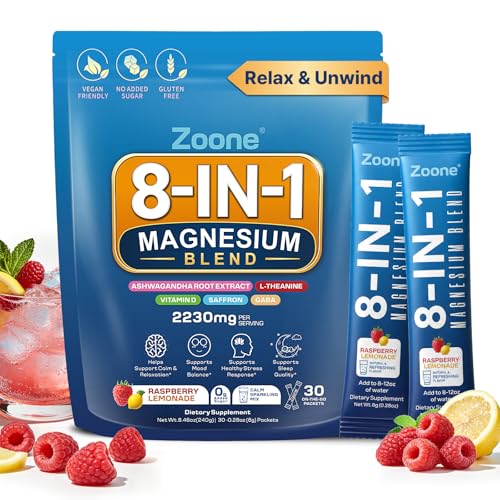 Zoone 8-in-1 Magnesium Glycinate Drink Mix, Raspberry Lemonade, 30 Packets