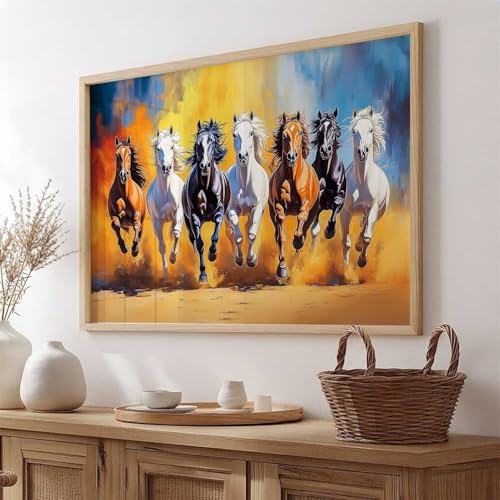 Image of HOTHOUSE Seven Running Vastu Lucky Horse Painting | 7 Horses Vastu Frame Wall Art Painting for Living Room Bedroom Office Home Decor Wall Decor Size (13X17 inch)