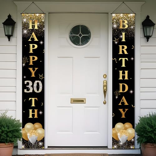 PHXEY 30th Birthday Decoration for Men Women, Happy 30th Birthday Porch Sign Door Banner Black Gold, 30 Year Old Birthday Party Yard Sign Decor Supplies, Oxford Fabric Material