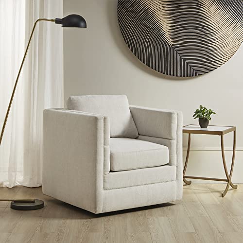 Martha Stewart Osborne Swivel Glider Accent Chair, 360 Degree Rocker Armchair With Metal Base Stand, Pillowback Support, Channel Textured Fabric For Nursery Or Living Room Fully Assembled, Ivory #TOP1