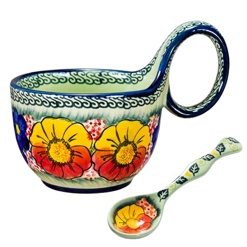 silesia 16 OZ Polish Style Ceramic Hand Painted Soup Mug Bowl, Glazed Green