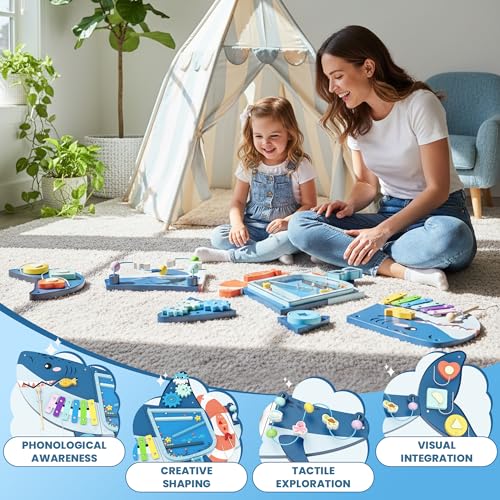 Easyego Wooden Busy Board Wall Panels – Montessori Sensory Toy for Toddlers, Activity Center Promotes Fine Motor & Cognitive Skills, Ideal Holiday/Birthday Gift for Kids - Shark by Easyego - Used condition - Image 4