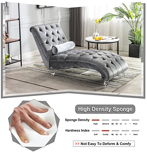 Kinffict Velvet Chaise Lounge Chair With Toss Pillow, Modern Tufted Button Lounge Chair With Acrylic Legs, Upholstered Indoor Sleeper Chair For Living Room, Bedroom, Silver Grey thumb #2