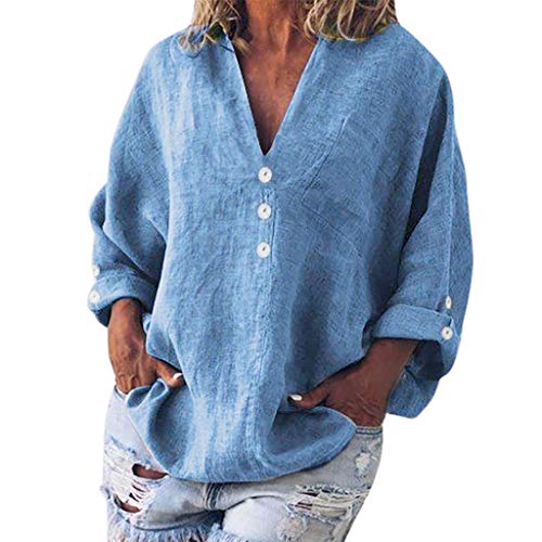 aihihe Womens Plus Size Button Down Tops V Neck Long Bell Sleeve Solid Casual Loose T-Shirt Blouses(Blue,XXL)