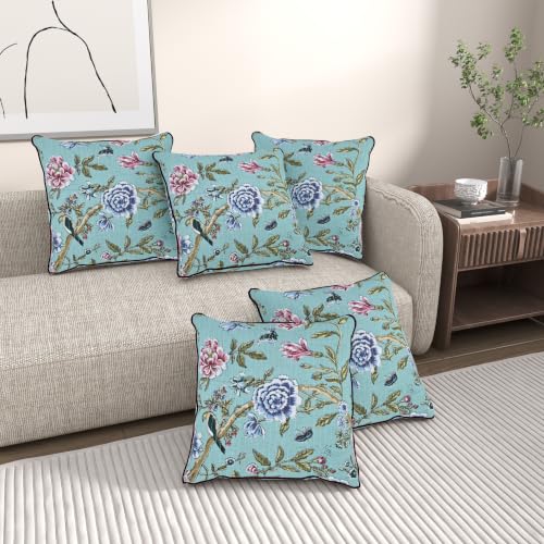 Image of Pure Cotton Quilted Cushion Cover 16x16 Inch | Anokhi Print Decorative Throw Pillow Cover | Soft Cotton Sofa Cushion Cover with Hidden Zipper | Living Room Bedroom Home Decor