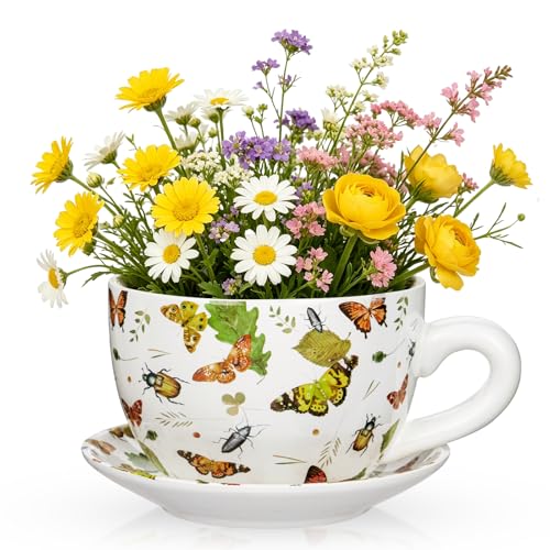 Ceramic Teacup Planter Pot with Saucer - 7.9 Inch Coffee Cup Shaped Plant Pot with Drainage Hole Butterfly Insect Pattern Flower Pots for Indoor Outdoor Plants Succulent Orchid Herb Home Garden Decor