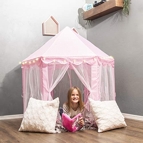 FoxPrint Castle Princess Tents for Little Girls with Lights, Soft Fairy Star Lighting for Indoor and Outdoor Play, Quick 55” x 53” Pop Up Canopy, Relaxation and Creative Space for Kids, Pink by FoxPrint - Used condition - Image 2