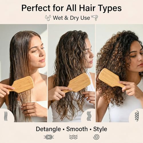 Image of Heff Bamboo Hair Brush, Natural Bamboo, Paddle Brush with Wooden Bristles, 9.5 Inches x 3.3 Inches