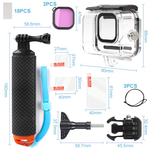 YnewL 60M/197FT 26PCS Unterwasser Wasserschutzgehäuse Set mit Tauchfiltern Schwimmender Griff, Kompatibel Go Pro Hero 13/12/11/10/9 Black Zubehör Tauchset, KameraTauchzubehörset