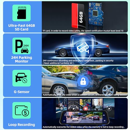 9.66 inch Rear View Mirror Camera - Wireless Apple Carplay & Android Auto - 1280 * 720P Dash Cam Front and Rear View Dual 1080P Cameras - Voice Control, Night Vision + Backup Camera + 64GB TF Card - Thumbnail 6