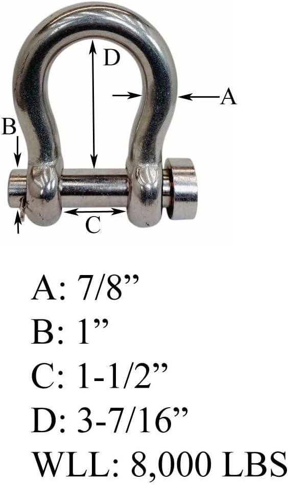 Marine 7/8" Round Pin Anchor Shackle 8,000Lb WLL Forged Stainless Steel