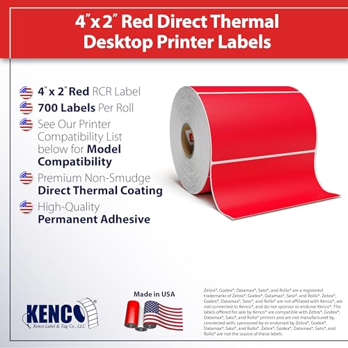 4” X 2\" Direct Thermal Perforated Stickers Labels for Barcodes, Address, Small Business Labeling, Inventory and Color Coding - Compatible with Zebra, Rollo, Munbyn, and More (Red, 1 Roll)