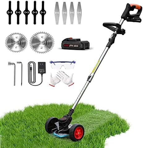 Cordless Grass Trimmer Weed Wacker, 3-in-1 String Trimmer Lawn Edger with 21V 2Ah Li-ion Battery for Garden and Yard with Wheel, Lightweight Adjustable Height Weed Eater Tool(Black)