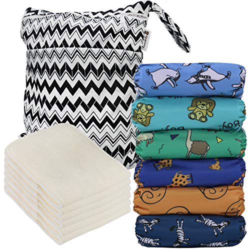 Anmababy Reusable 6 Pack Cloth Diapers, Adjustable, Waterproof, Washable Pocket Cloth Diaper Cover With 6 Bamboo Inserts And 1 Wet/Dry Bag For Baby Boy. (Zoo/Cd6-005) #TOP2