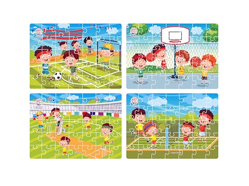 Image of Ratna's Original 4 in 1 Sports Jigsaw Puzzle for Kids - Set of 4, 35-Piece Puzzles for Games Like Cricket, Football, Basketball & Tennis | Educational Toy | Puzzle Guide Included | Ages 3 and Up