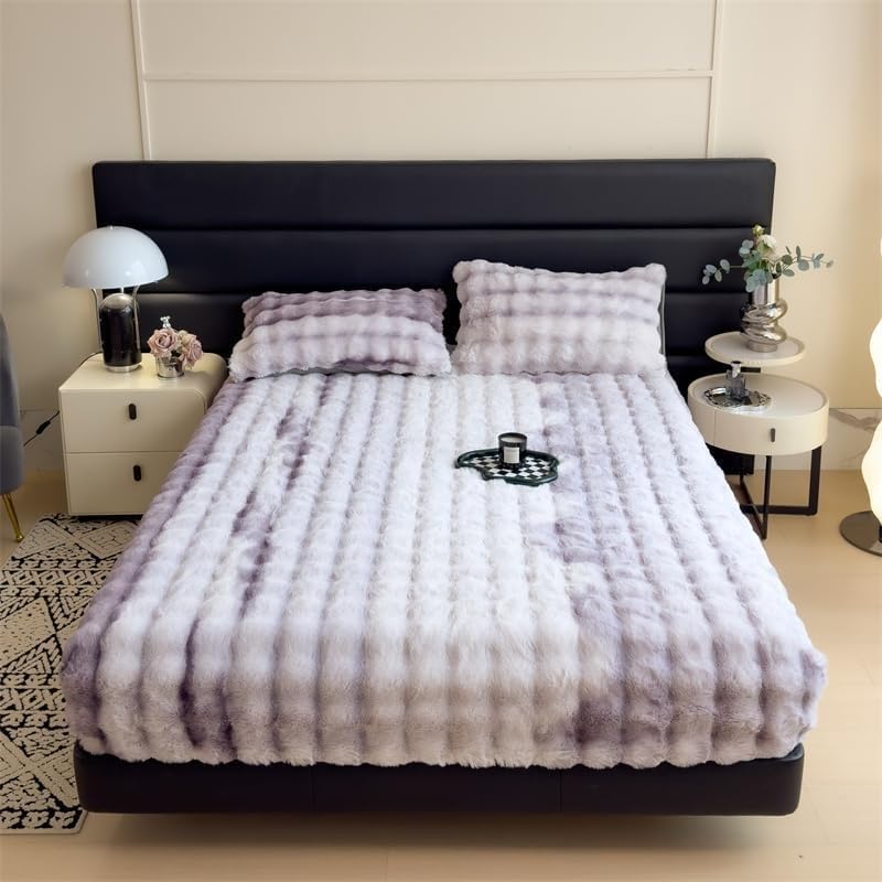 Milk Velvet Bedding Fitted Sheet Mattress Cover, Luxury Soft Fuzzy Bottom Sheet Velvet Fitted Faux Fur Bottom, Flannel Warm Tie Dyed Mattress Cover(Purple,Cal-King 78"x87")