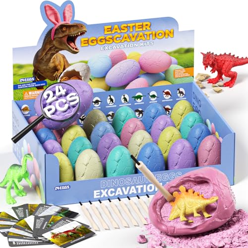 24 Pack Colorful Dinosaur Eggs Excavation Kit with Learning Cards - Dino Dig STEM Science Toy for Kids - Easter Basket Stuffers, Party Favors Birthday Gifts Classroom Activities for Boys Girls Age 3+