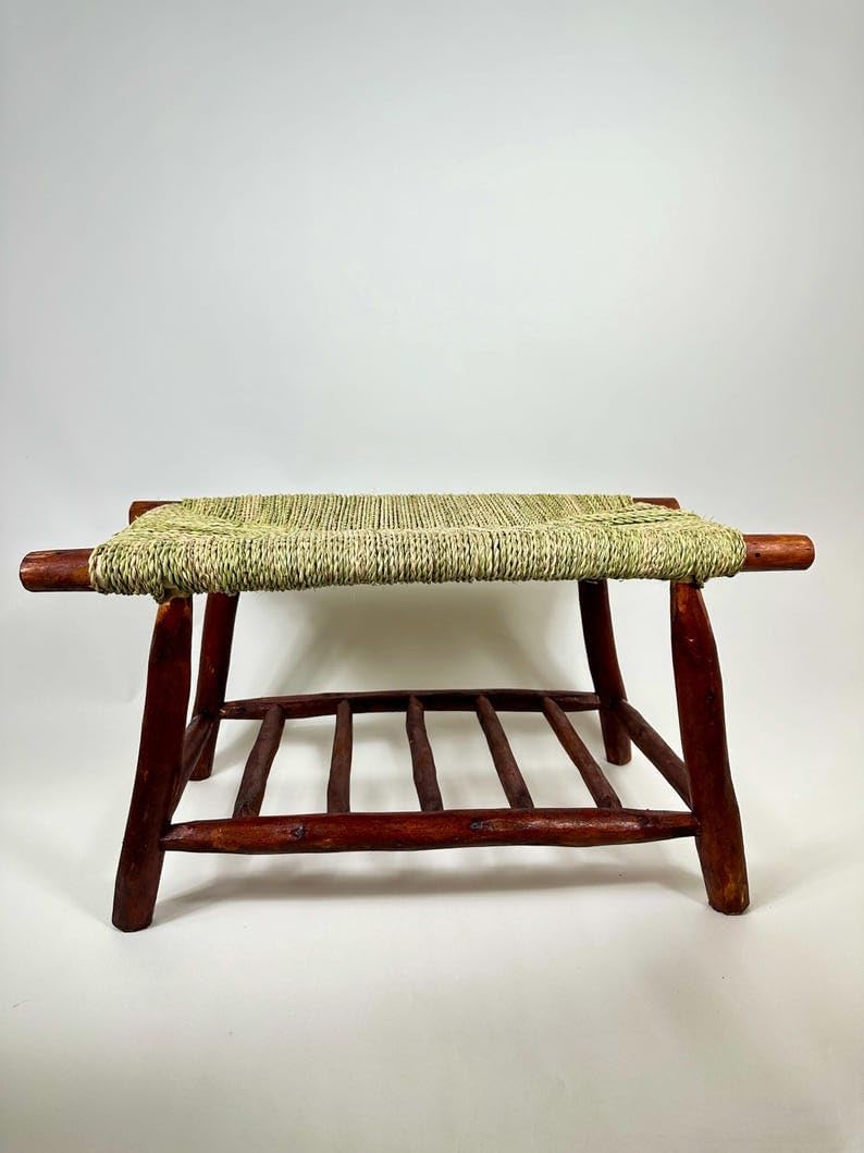 Artisan Moroccan Bench - Handwoven Palm Leaf & Natural Fiber Boho Seating