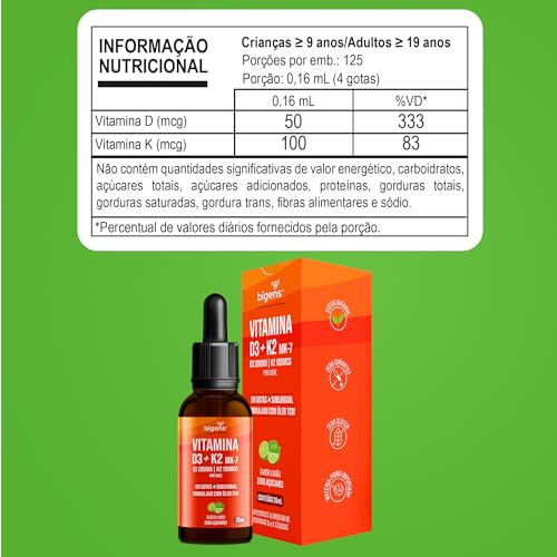 Vitamina D3 + K2 MK-7, em Gotas, Sublingual, D3 2000UI | K2 100mcg, sabor limão, 20ml, Biogens