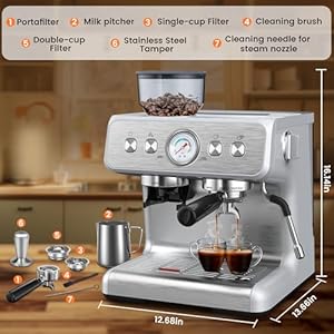 Espresso Machine with Built in GrinderProfessional 15 Bar Espresso Maker with Milk Frother Steam WandStainless Steel Espresso Coffee Machine with Removable Water Tank for Cappuccino Latte