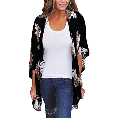 Tootu Women Chiffon Loose Shawl Print Kimono Cardigan Top Cover Up Blouse Beachwear (S, Black)