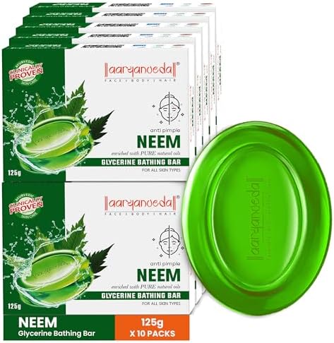 Aaryanveda Neem Bathing Bar Enriched with Goodness of Natural Oils, Aloe Vera & Neem For Smooth, Soft, Moisturised & Nourished Skin 125g (Pack Of 10)