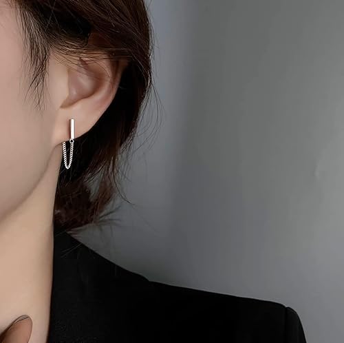 Vista 4 de Reffeer Solid 925 Sterling Silver Bar Chain Dangle Earrings Drops for Women Bar Drop Earrings Chain Studs