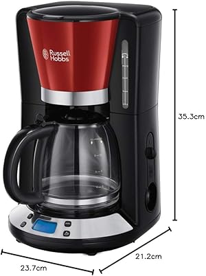 Russell Hobbs Cafetera de Goteo [15 tazas, 1100 W] Colours+ Red (jarra cristal 1.25 l, tecnología WhirlTech, pantalla LCD, temporizador programable, filtro extraíble, mantenimiento calor_1
