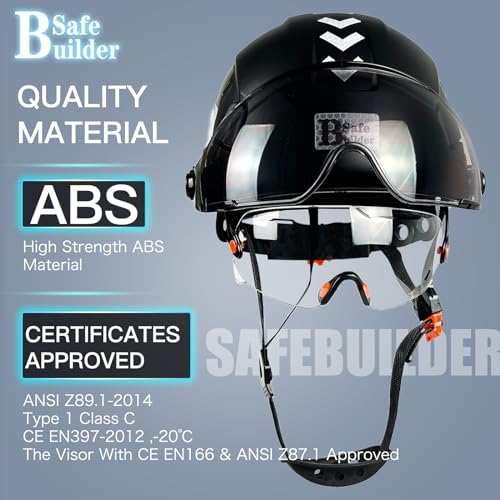 SAFEBUILDER Safety Helmet Hard Hat with Visor Clear & Tinted Adjustable Vented ABS Work Helmet 6-Point Suspension ANSI Z89.1 Approved for Industrial (Black Hat with Clear & Tinted Visor)