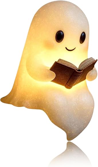 Cute Ghost Reading Book Lamp, 3D Resin Halloween Ghost Night Light, LED Light Small, White [Energy Class A]