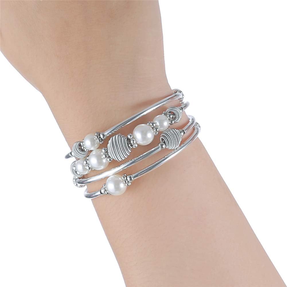 PEARL&CLUB Beaded Chakra Bangle Turquoise Bracelet - Fashion Jewelry Wrap Bracelet with Thick Silver Metal and Mala Beads, Birthday Gifts For Women - Image 2