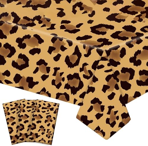 WISSLERMER 3-Pack Leopard Print Plastic Tablecloths – 54 x 108 Inch Disposable Safari Animal Print Table Covers for Birthday, Jungle Theme Party, and Safari Baby Shower Decorations