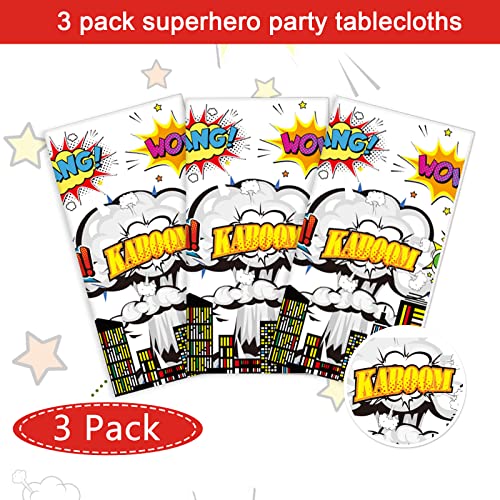 Image of Tevxj 3 Pieces Super Theme Hero Tablecloths Hero Themed Birthday Party Supplies Heroes Action Sign Plastic Table Cover Fun Super Tablecover for Happy Birthday Baby Shower Party Decorations