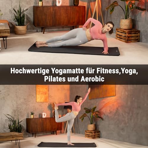 Hop-Sport Gymnastikmatte 190 x 60 cm x 2 cm, Sportmatte - gelenkschonend & rutschfest, Fitnessmatte aus NBR-Schaumstoff - extra-dick + Tragegurt- BLACK