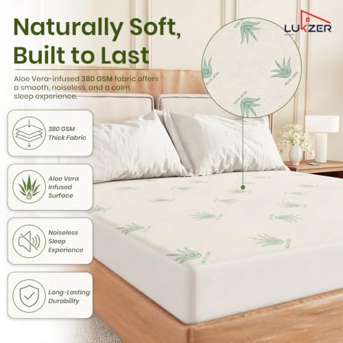 Image of Lukzer 100% Waterproof Natural Aloe Vera Mattress Protector King Size 78 inch x 72 inch inch | 360 Elasticated fit, Breathable, Hypoallergenic, Noiseless, Ultra-Soft Fitted Deep Pocket Bed Protector Cover