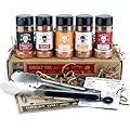 Flavor Brigade Gourmet Grilling Spices Gift Set for Guys, Dad, Men, BBQ Grill Accesories, Smoker, Seasonings, Rub, Steak, Burgers, Chicken, Fish & Stainless Tongs (5 Bottles, 7 Piece Set)