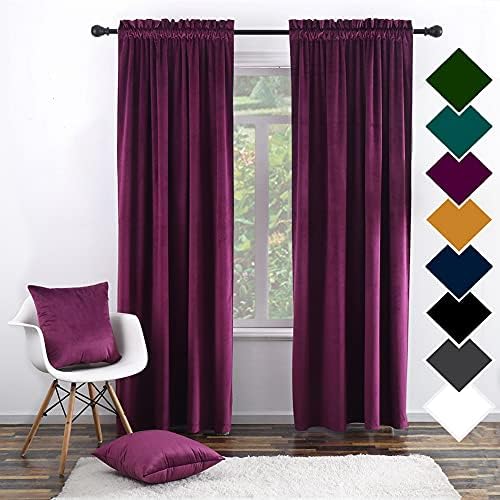 Twin Six Super Soft Blackout Velvet Curtains with 2 Pillow Case,Thermal Insulated Solid Heavy Rod Pocket Window Drapes for Living Room (Plum, 52"x84",2 Panels)