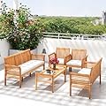 RELAX4LIFE 5-Piece Patio Furniture Set - Acacia Wood Sofa Set w/3-Person Bench, Loveseat, 2 Chairs, Coffee Table & Cushions, Balcony Furniture for Garden Poolside Yard Porch, Outdoor Conversation Set