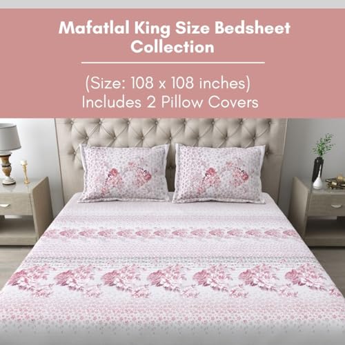 Image of Mafatlal 186 TC Spring Glory Cotton Bedsheet King Size | 108 x 108 Inches | Breathable Summer Sheets for Sleeping Comfort | Pure Cotton Bedding with 2 Pillow Covers | Cherry Pink