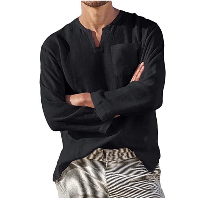 Rfmfkkg Camisas de lino de algodón negro para hombre, camisas Henley de manga larga con cuello en V, camisa casual de playa