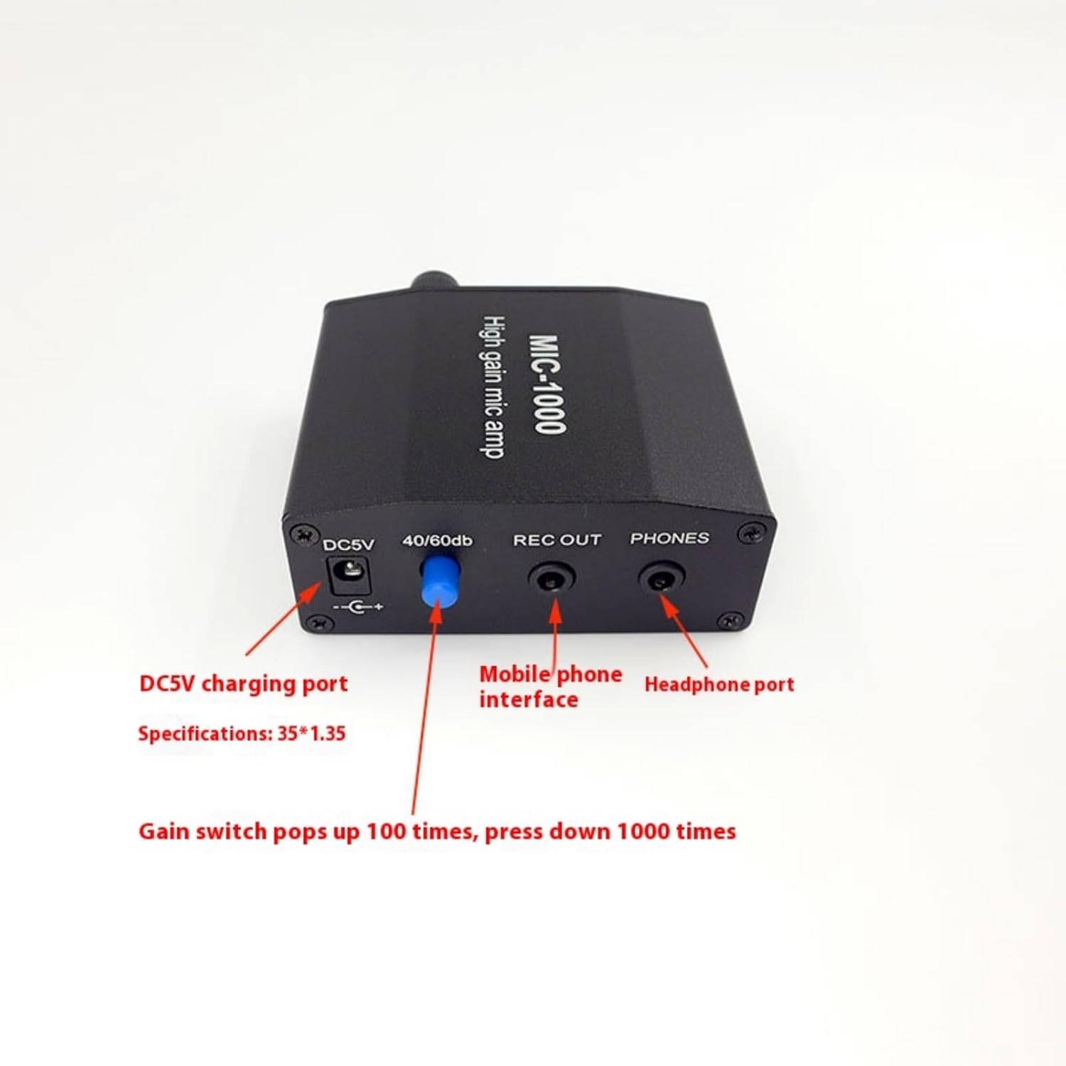 Rear view of MIC-1000 amplifier with labeled ports