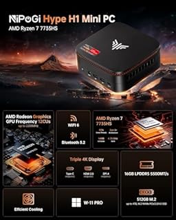 NiPoGi Hype H1 Mini PC W-11 ΑΜD Ryzen 7 7735HS (Max 4,75 GHz, 8C/16T) 16 Go LPDDR5 5500 MHz/512 Go M.2 NVMe SSD, 4K Triple Display(DP1.4+HDMI 2.0+Type-C)/WiFi6/BT5.2/Ordinateur de Bureau Gaming