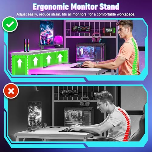 Image of DurayLoly 55 inch Computer Desk with LED Lights & Outlets,Office Desk with Drawers & Monitor Stand,Gaming Desk with 3 Storage Shelves, Hooks& Printer Space for Game&Study Room,Home Office,Bedroom,White