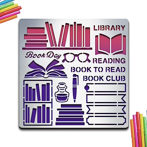 MAYJOYDIY Book Metal Stencil Book Metal Journal Stencils Library Reading Book to Read Book Club 6×6inch DIY Template for Diary Scrapbooking Card