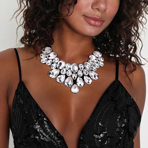 Flyonce Rhinestone Statement Necklace Chunky Choker Crystal Costume Jewelry for Women Clear Black-Tone by Flyonce - Image 2