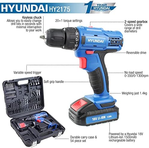 Hyundai Cordless Drill Driver, 18v Li-ion Combi Drill, 54 Pieces Drill Set with Carry Case, Battery & Charger, 2-Speed, 20+1 Torque Settings & 1 Year Warranty