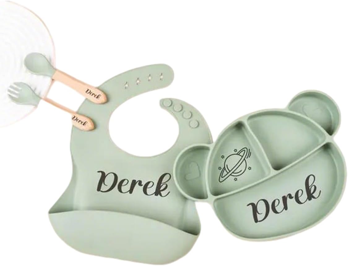 Personalized Silicone Baby Weaning Set,Custom Silicone Weaning Set with Engraved Name,Feeding Bib for Toddler Baby Kids (Grey) (6pc set)