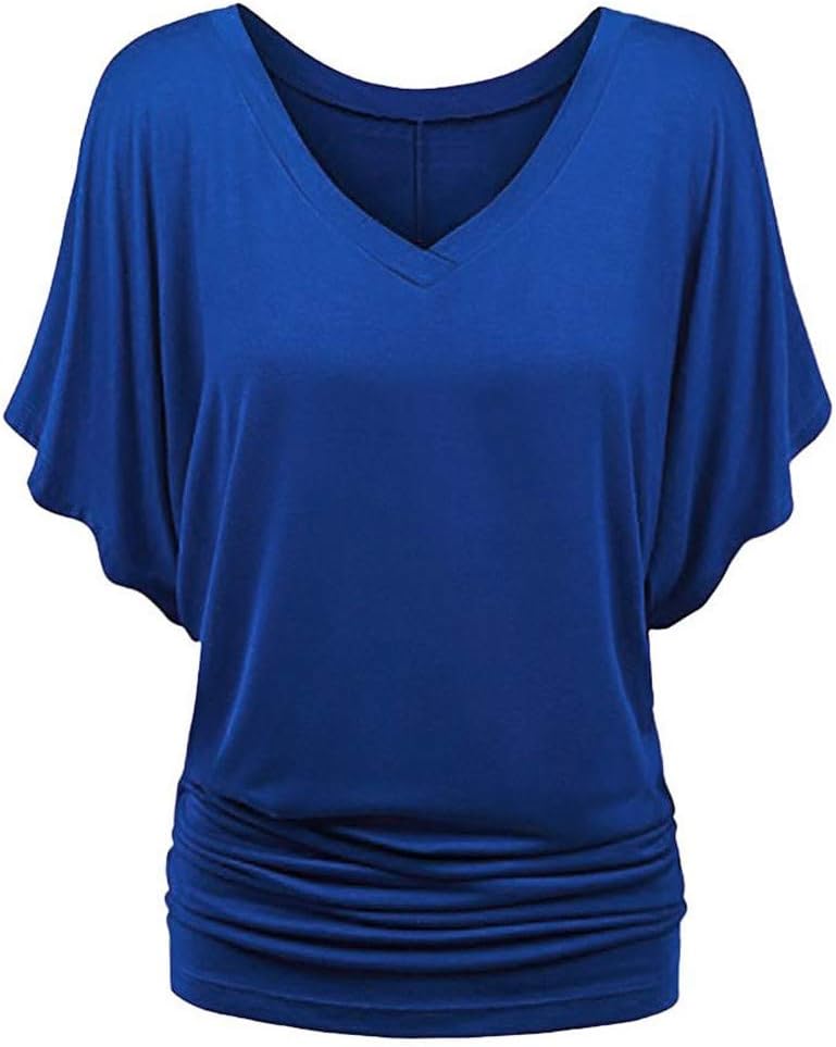 Haut Femme Large – Col V & Manches Chauve-Souris, T-shirt Décontracté à Bordure Plissée – Polyester/Spandex - 2